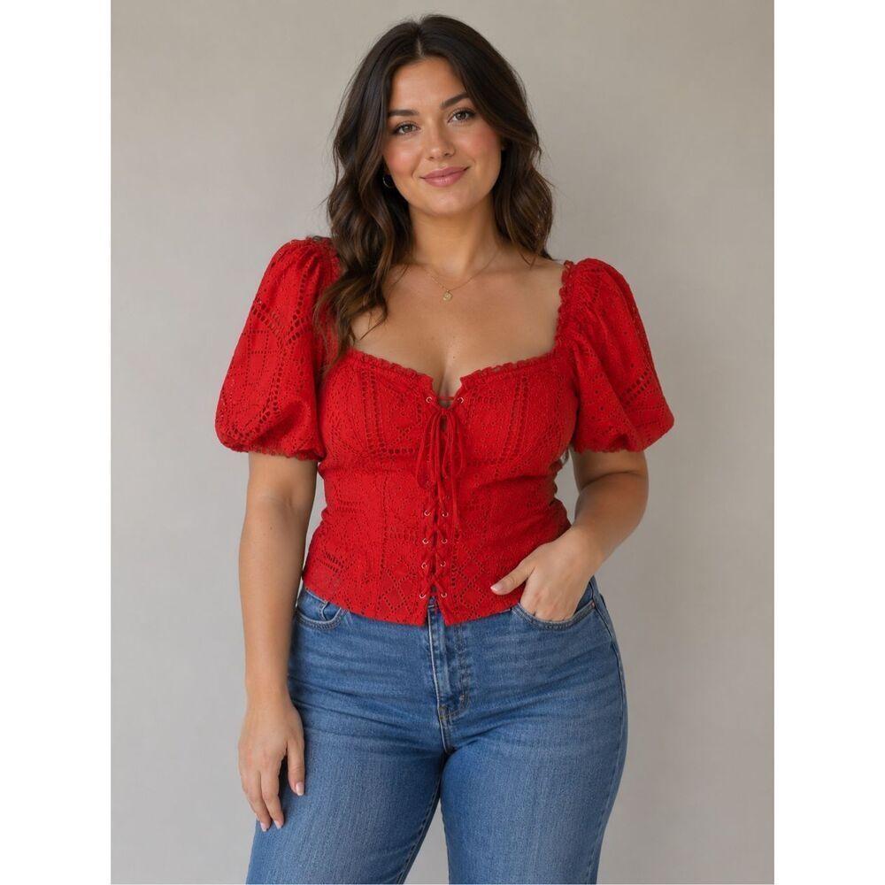 Parker Red Peplum Poof Sleeve Crochet Corset Top Large 100% Cotton #200